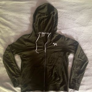 PINK olive green zipper sweater with hoodie and long sleeves